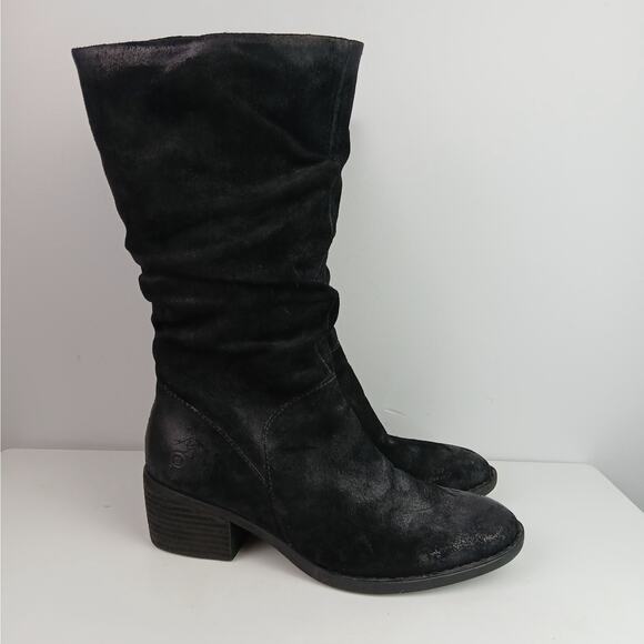 Born SZ 10M Doyle Black Suede Leather Distressed Slouch Boots - Picture 2 of 7